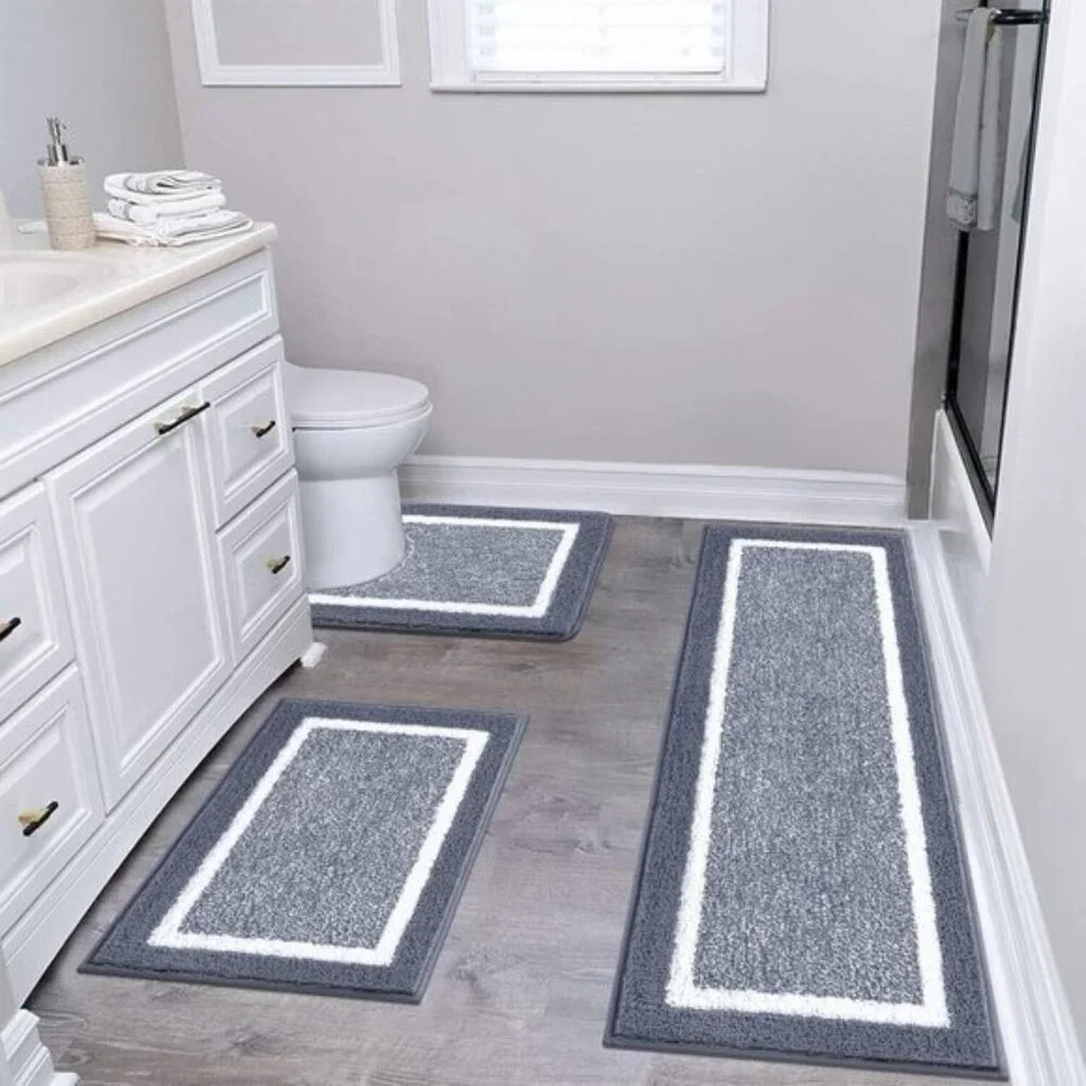 New 3-Piece Bathroom Rug Set, Shaggy Non-Slip Microfiber Mats in Dark Grey
